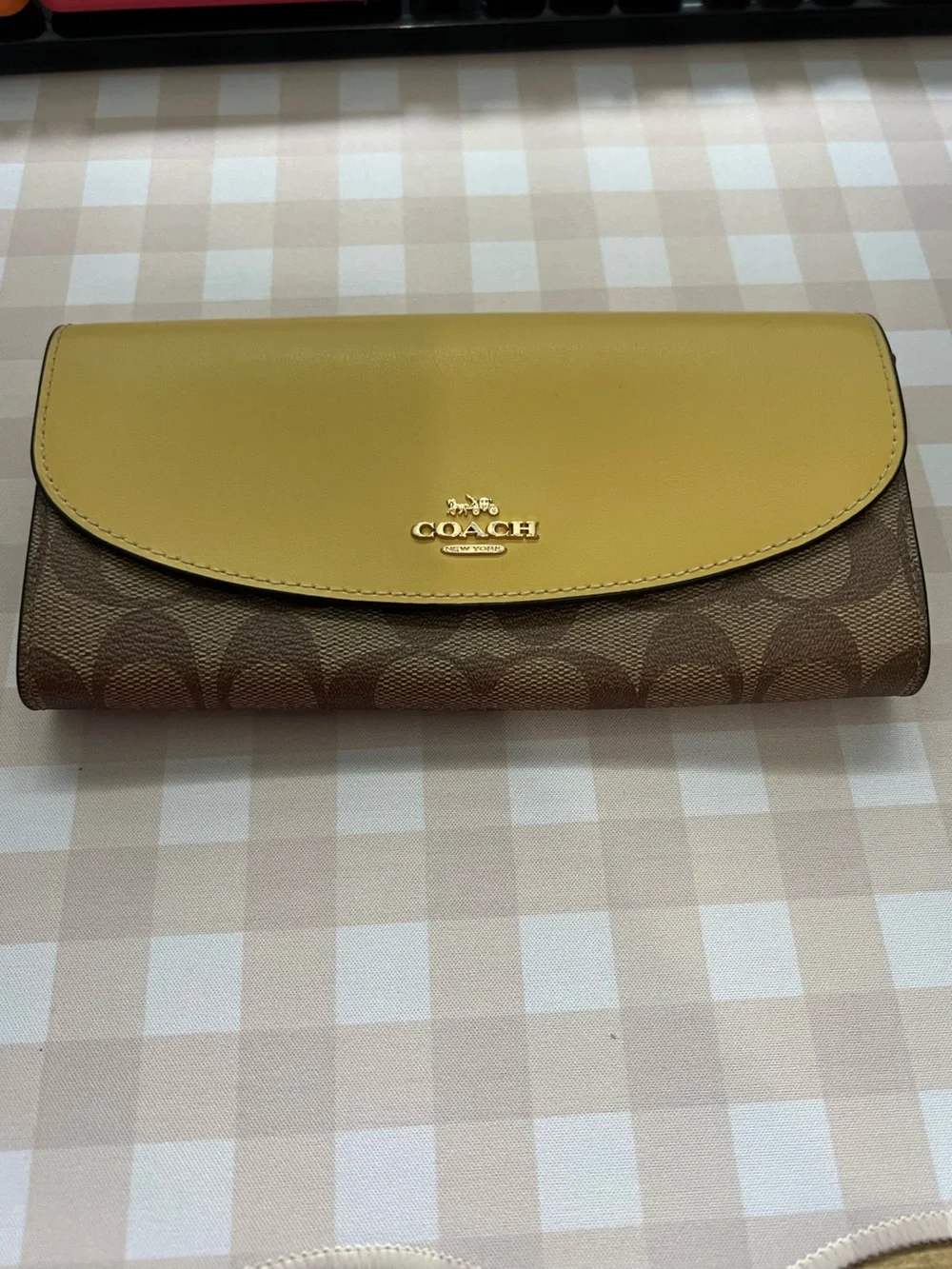 Coach Brown Signature Canvas Wallet with Yellow Leather Flap